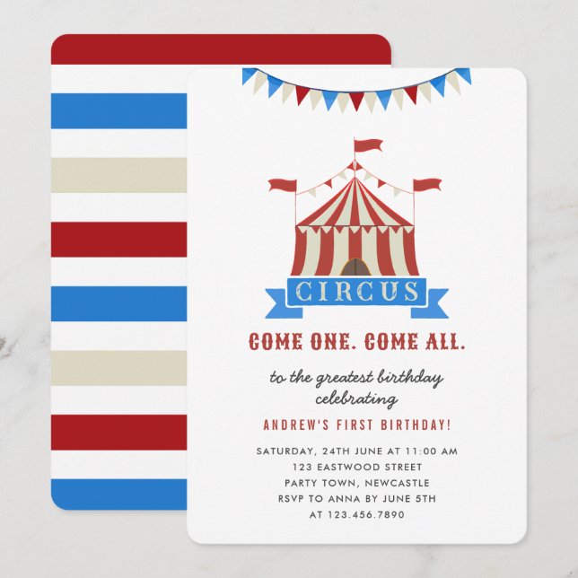 Come One Come All Circus Kids Birthday Party Invitation (Front/Back)