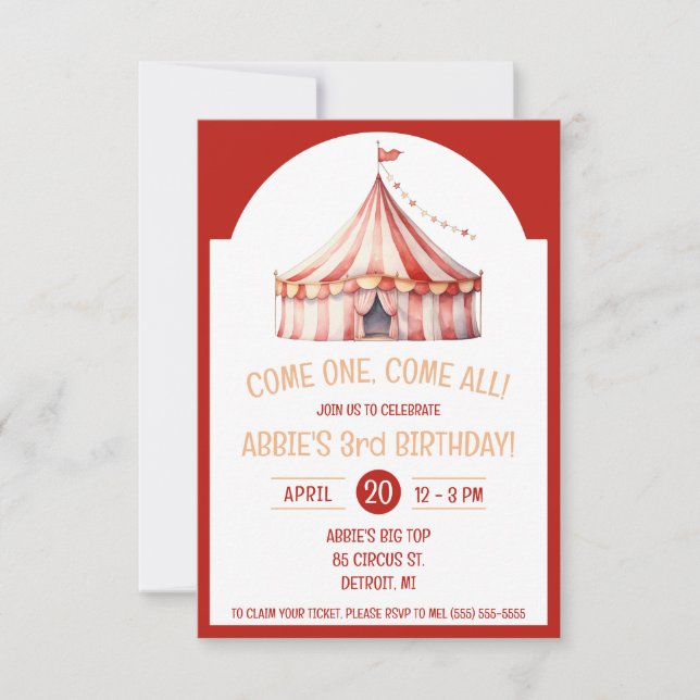 Come One, Come All!  Circus Tent Birthday Party Invitation (Front)
