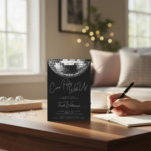 Come party black modern disco ball birthday  invitation