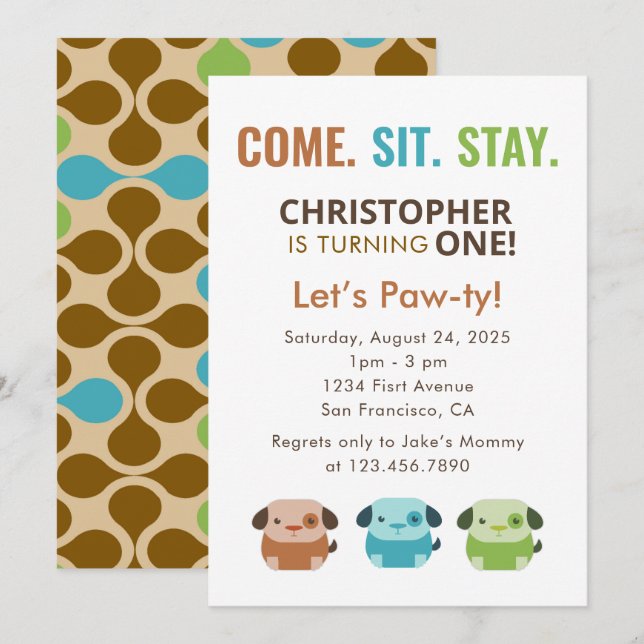 COME SIT STAY Dog Puppies Birthday Party Invitation (Front/Back)