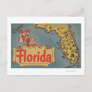 Come to Florida Map of the State, Pin-Up Girl Postcard