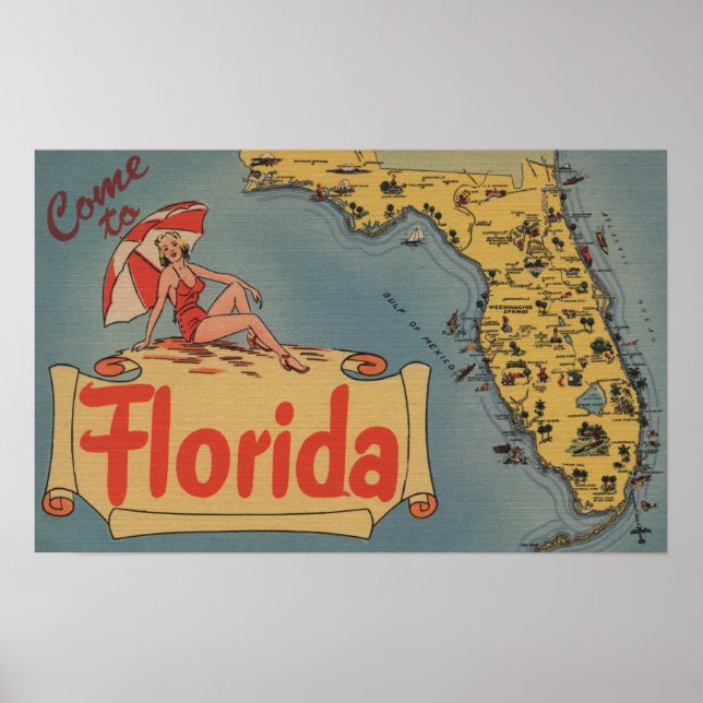 Come to Florida Map of the State, Pin-Up Girl Poster (Front)