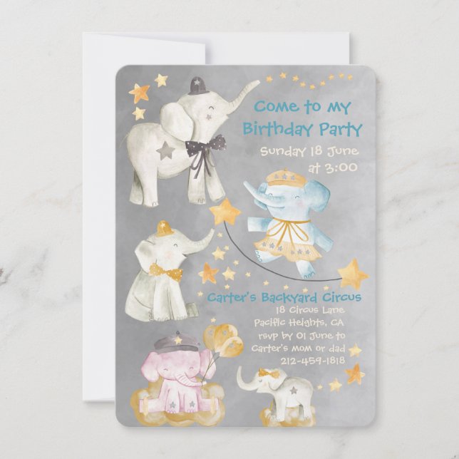 Come To My Elephant Circus Birthday Party Invite (Front)