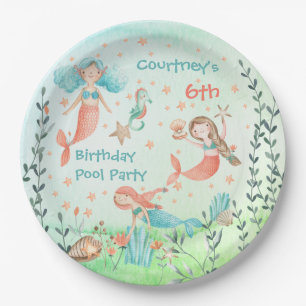 Come To My Mermaid Birthday Pool Party Paper Plate