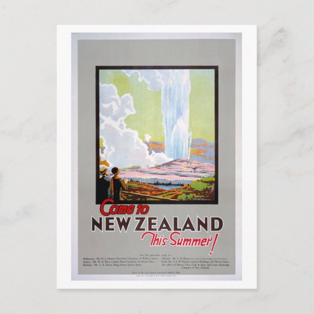 Come to New Zealand Vintage Travel Poster Postcard (Front)