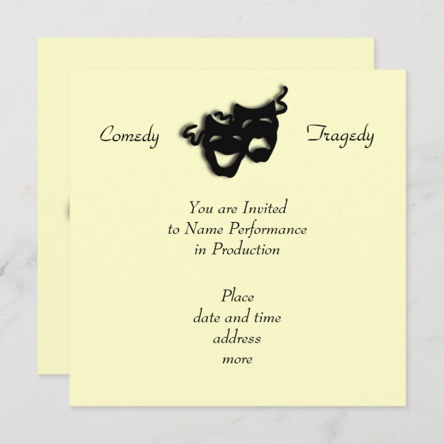 Comedy and Tragedy Black Masks Invitation (Front/Back)
