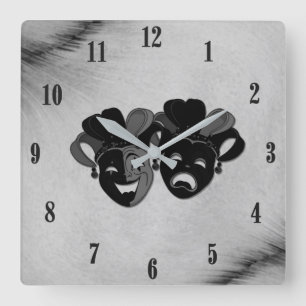Comedy and Tragedy Theatre Jester Masks Silver Square Wall Clock