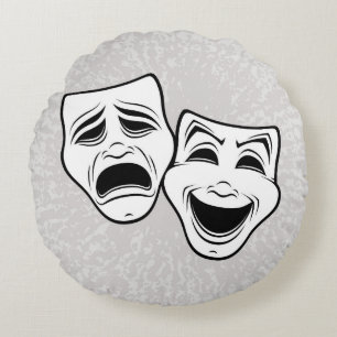 Comedy And Tragedy Theatre Masks Black Line Round Cushion