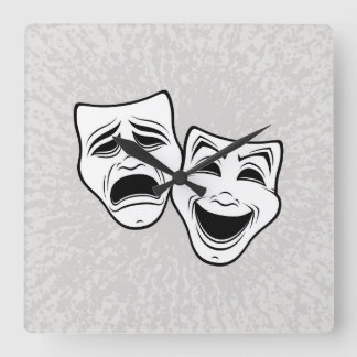 Comedy And Tragedy Theatre Masks Black Line Square Wall Clock