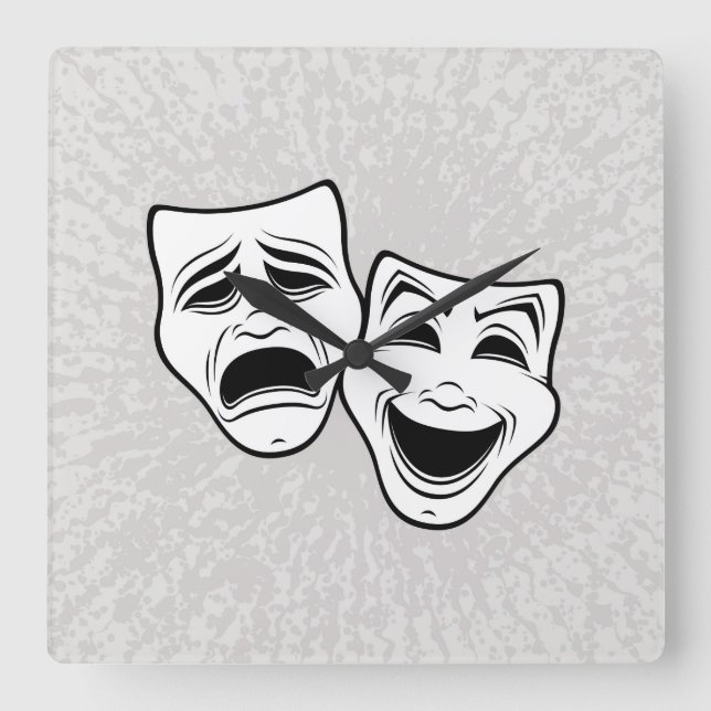 Comedy And Tragedy Theatre Masks Black Line Square Wall Clock (Front)