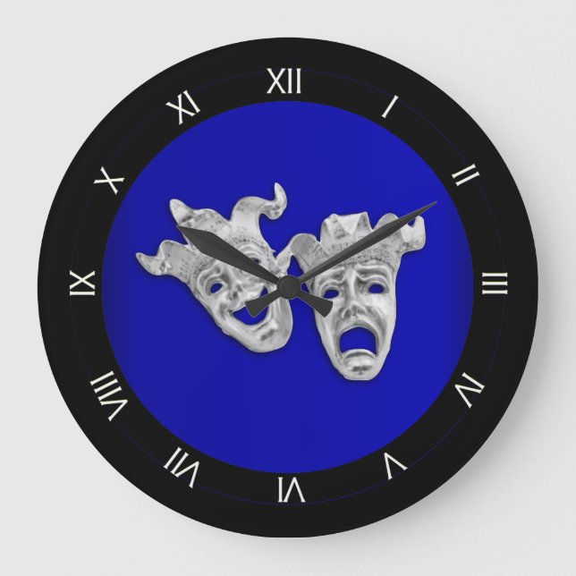 Comedy and Tragedy Theatre Masks Cobalt Large Clock (Front)