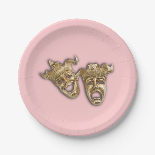 Comedy and Tragedy Theatre Masks Pink Paper Plate (Front)