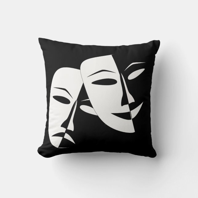Comedy Tragedy Black and White Theatre Mask Cushion (Front)