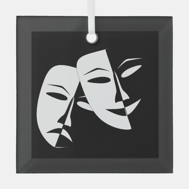 Comedy Tragedy Black and White Theatre Mask  Glass Tree Decoration (Front)