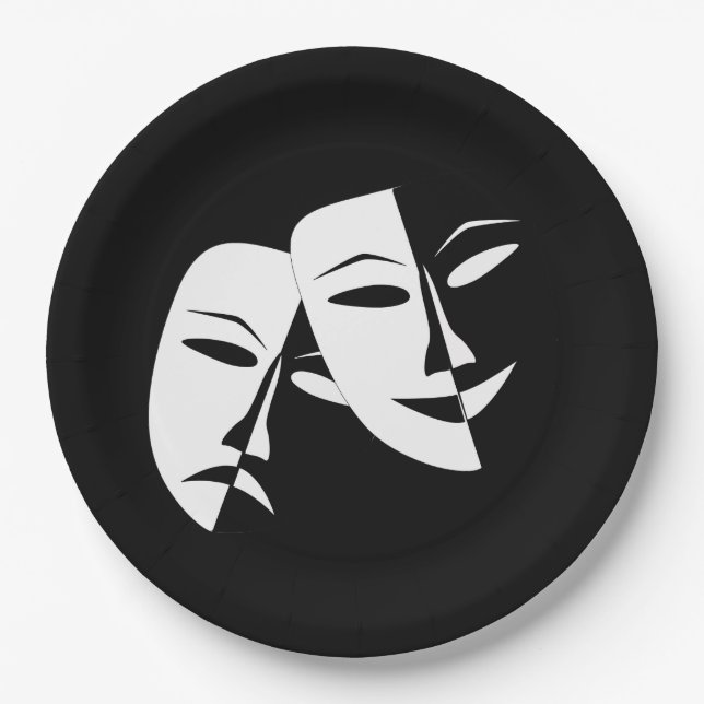 Comedy Tragedy Black and White Theatre Mask Paper Plate (Front)