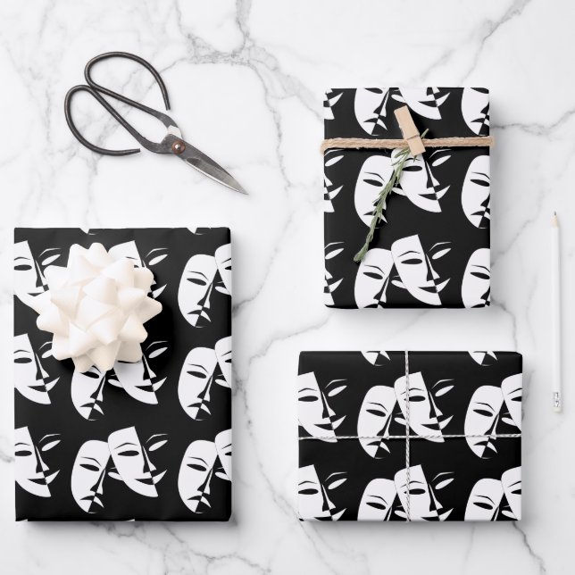 Comedy Tragedy Black and White Theatre Mask  Wrapping Paper Sheet (Front)