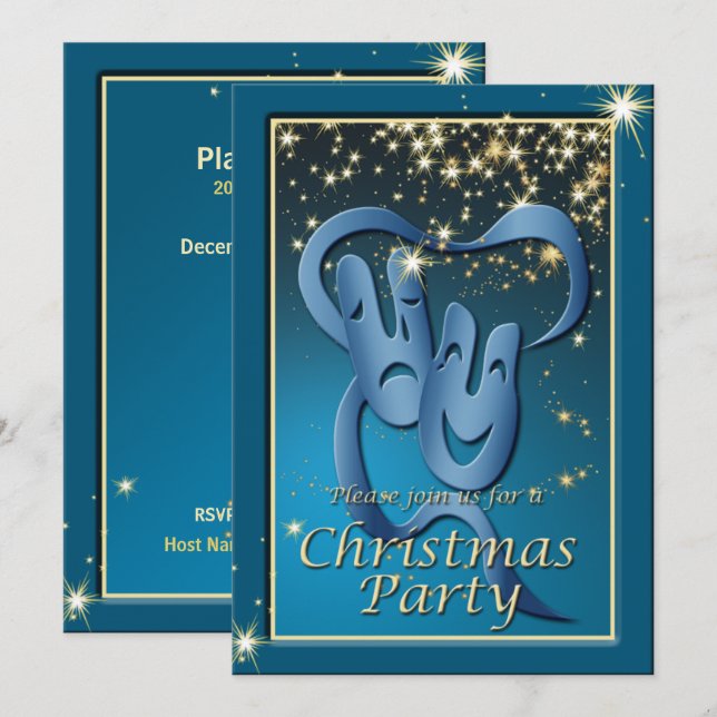 Comedy Tragedy Blue Theatre Mask Christmas Invite (Front/Back)