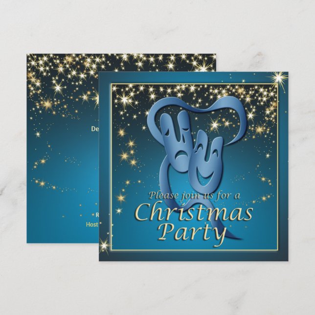 Comedy Tragedy Blue Theatre Mask Christmas Party Invitation (Front/Back)
