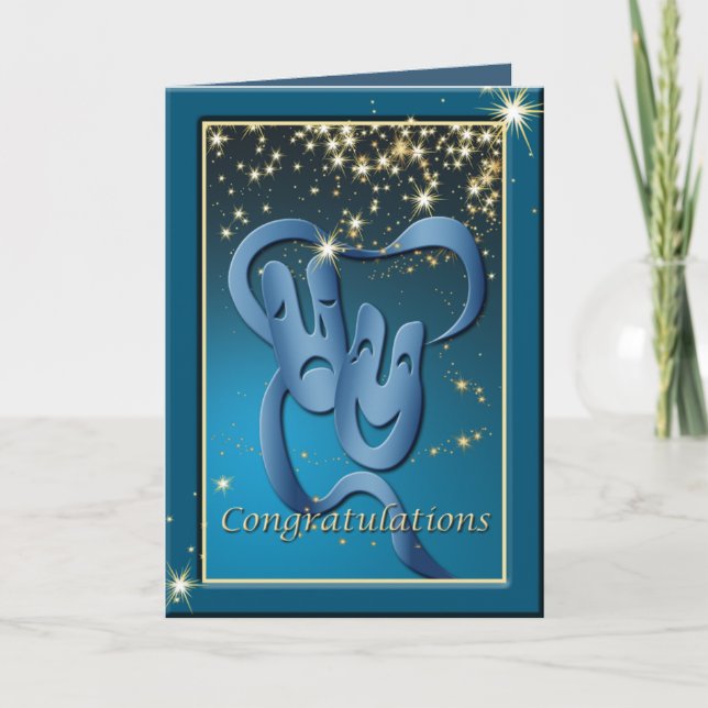 Comedy Tragedy Blue Theatre Mask Congratulations Card (Front)