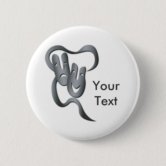 Comedy Tragedy Grey Theater Mask Button (Front)