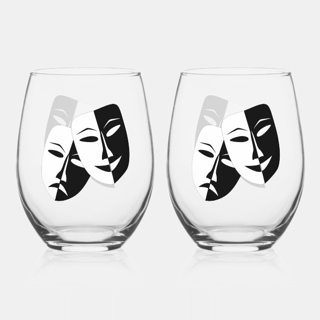 Comedy/Tragedy Masks Drinkware Set Stemless Wine Glass (Front)