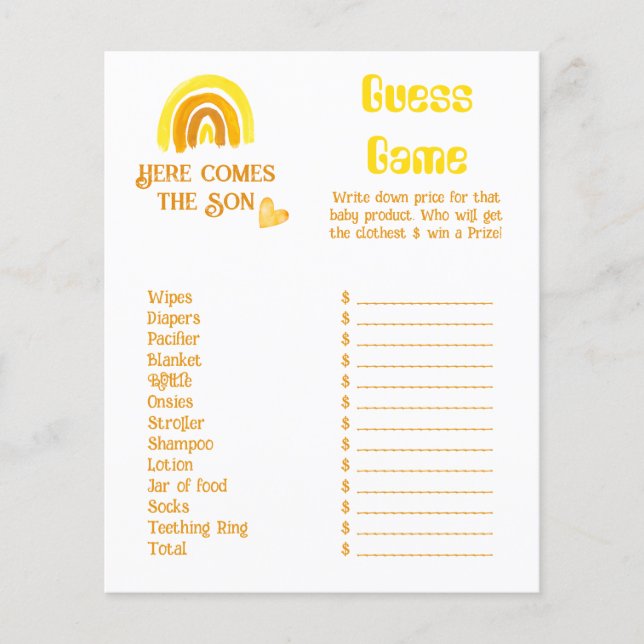 Comes Son Sunshine Rainbow Baby Shower Price Game (Front)