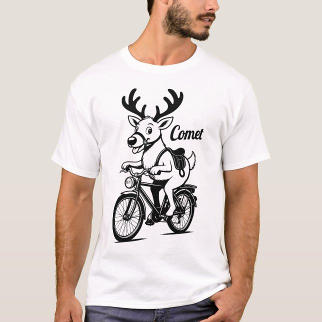  Comet The Reindeer Riding a Bike T-Shirt (Front)