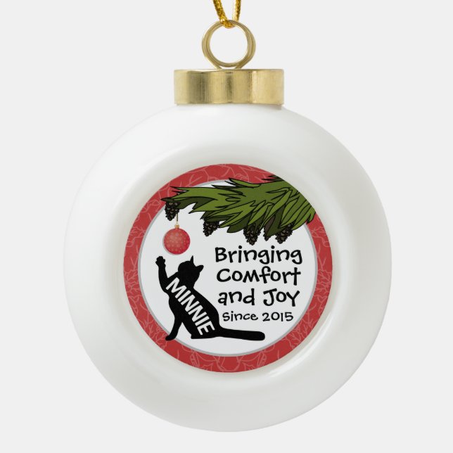 Comfort and Joy Cat Custom Name and Date Red Ceramic Ball Christmas Ornament (Front)