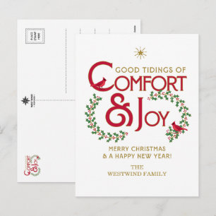 Comfort and Joy Merry Christmas Holly Holiday Postcard