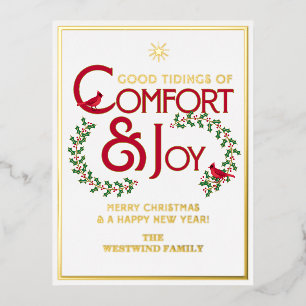 Comfort and Joy Merry Christmas Typography Foil Holiday Postcard