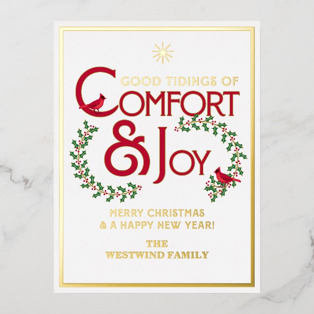 Comfort and Joy Merry Christmas Typography Foil Holiday Postcard (Front)