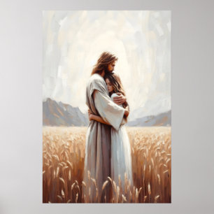 Comfort in Him Jesus Hugging Woman Healing Embrace Poster