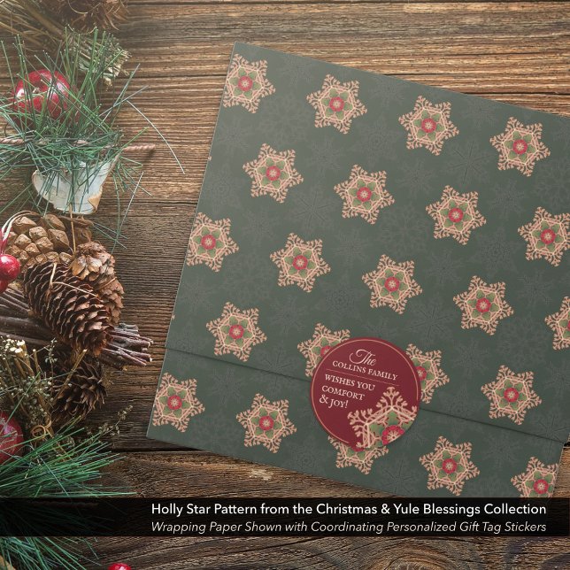 Comfort & Joy Holly Star Personalised Red Stickers (Comfort & Joy Holly Star Personalized Stickers Shown with Coordinating Wrapping Paper.)
