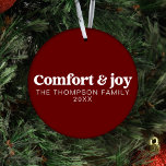 Comfort & Joy Modern Minimalist Dark Red Christmas Ornament<br><div class="desc">Introducing our "Comfort & Joy" Modern Minimal Dark Red Christmas Ornament, the perfect addition to your holiday decor. Crafted from shatterproof material, this ornament combines durability with modern style, making it an eye-catching element for your Christmas tree. The rich and vibrant dark red colour adds a touch of elegance and...</div>