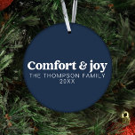 Comfort & Joy Modern Simple Navy Blue Christmas Ornament<br><div class="desc">Our "Comfort & Joy" Modern Simple Navy Blue Christmas Ornament, a chic and versatile addition to your holiday decor. Crafted from shatterproof material, this ornament combines modern trends with the timeless joy of the holiday season. This customisable ornament allows you to create your own Christmas magic by personalising it with...</div>