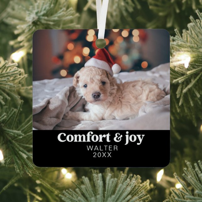 Comfort & Joy Photo and Name Modern Christmas  Metal Tree Decoration (Insitu)