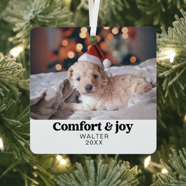 Comfort & Joy Photo and Name Modern Christmas  Metal Tree Decoration (Insitu)