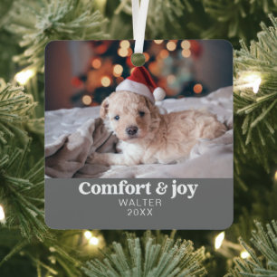 Comfort & Joy Photo and Name Modern Christmas Metal Tree Decoration