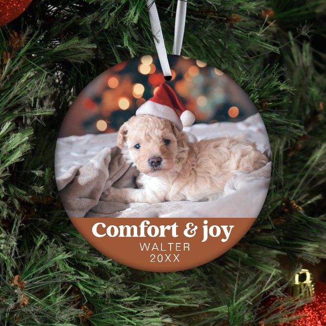 Comfort & Joy Photo and Name Modern Christmas  Ornament (Creator Uploaded)