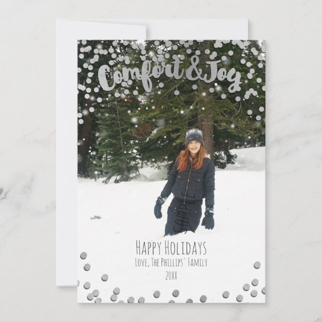Comfort & Joy Silver Holiday Christmas Photo Card (Front)