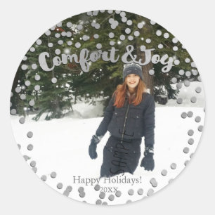 Comfort & Joy Silver Holiday Christmas Photo Classic Round Sticker