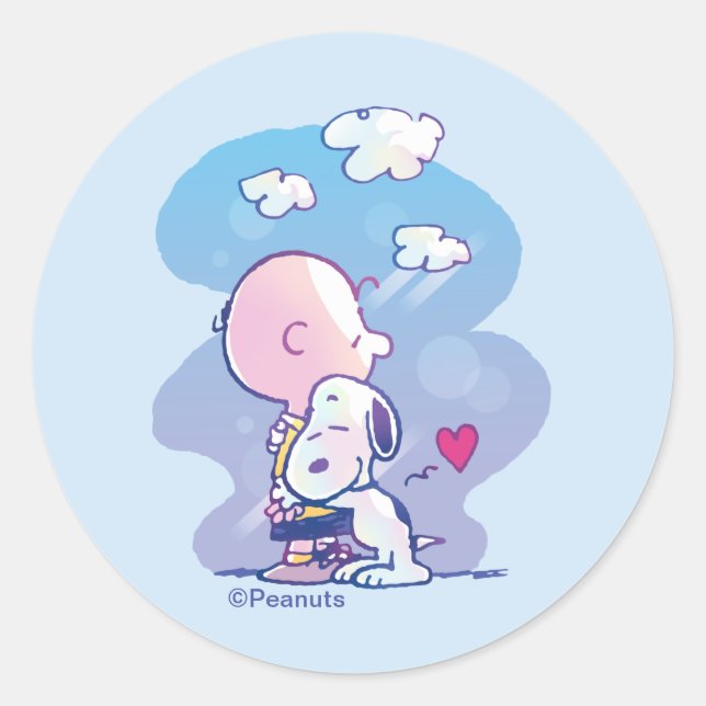 Comfort & Security | Charlie & Snoopy Hug Classic Round Sticker (Front)