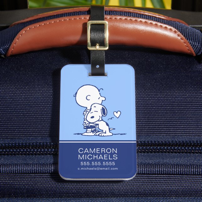 Comfort & Security | Charlie & Snoopy Hug Luggage Tag (Front Insitu 2)