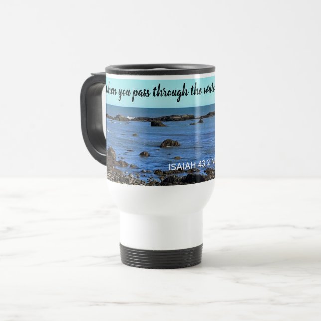 Comforting Bible Verse Photo of Atlantic Ocean Travel Mug (Front Left)