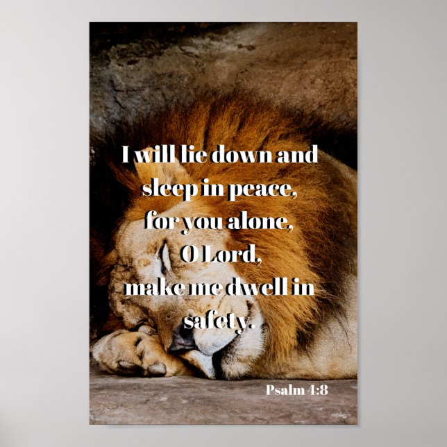 Comforting Bible Verse Psalm 4:8 Lion Poster (Front)