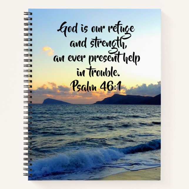 Comforting Sunset Beach Psalm 46:1 Bible Verse Notebook (Front)