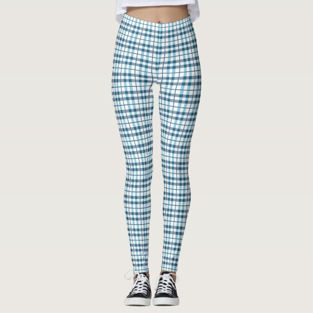 Comfy Pajama Plaid White and Blue Pattern Leggings (Front)