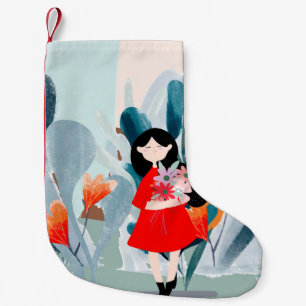 Comic art girl in forest small christmas stocking