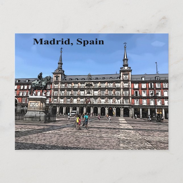 Comic Art of a plaza in Madrid, Spain postcard (Front)