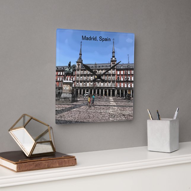 Comic Art of a plaza in Madrid, Spain  Square Wall Clock (Office)